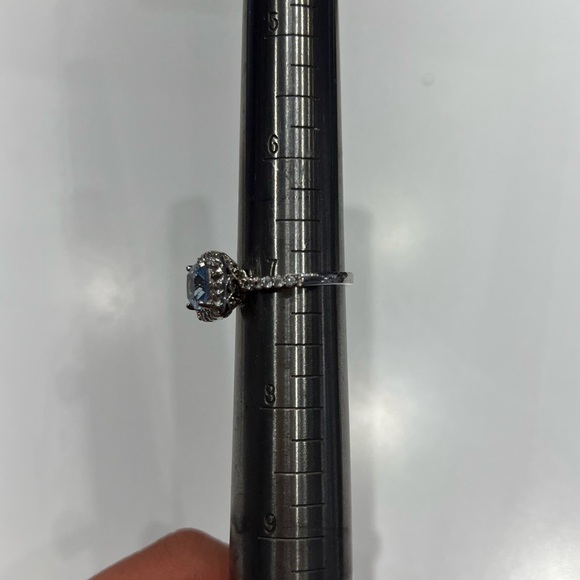 Aquamarine Cushion Cut Haloed Cubic Zirconia Ring Sterling Silver Setting - Picture 6 of 8